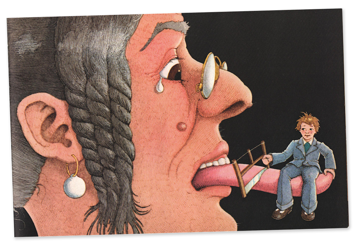 An illustration of a child cutting off a woman's tongue.